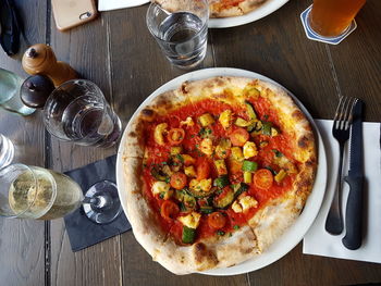 High angle view of pizza on table