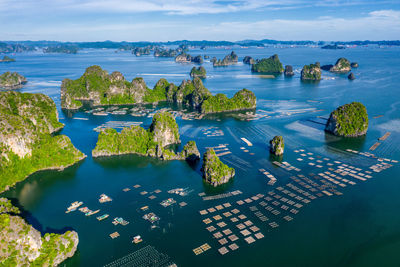 High angle view of bay against sky