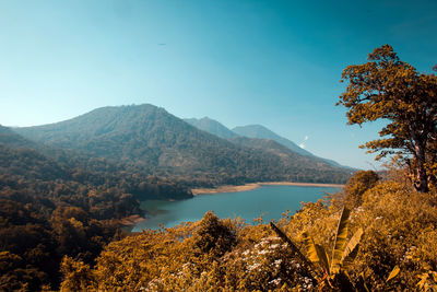 Scenic view of lake and mountains against sky