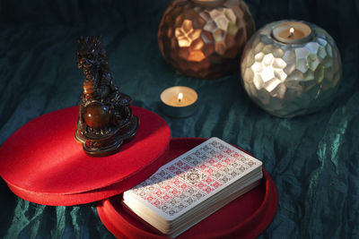 High angle view of christmas decorations on table