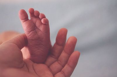 Low section of baby feet on hand