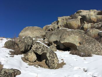 Low angle view of rocks against clear blue sky during winter