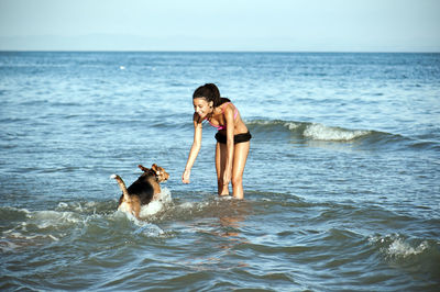 Happy girl with afro hairstyle, playing with a dog on the beach person