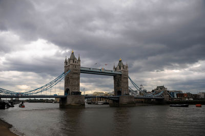 View of suspension bridge against cloudy sky