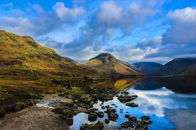 Scenic view of lake against cloudy sky