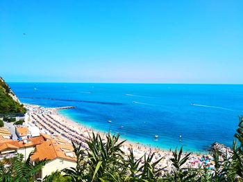 Scenic view of sea against clear blue sky