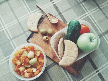 High angle view of fruits in bowl on table