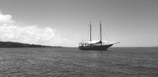 Sailboat sailing on sea against sky