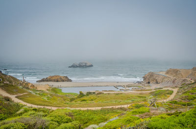 Scenic view of beach and sea against clear sky