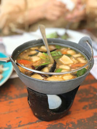 Close-up of soup in bowl on table