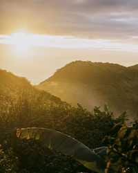 Scenic view of mountains against sky during sunset