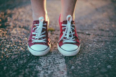 Close-up of red canvas shoes