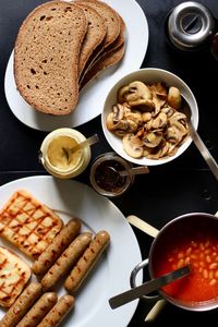 High angle view of breakfast served on table