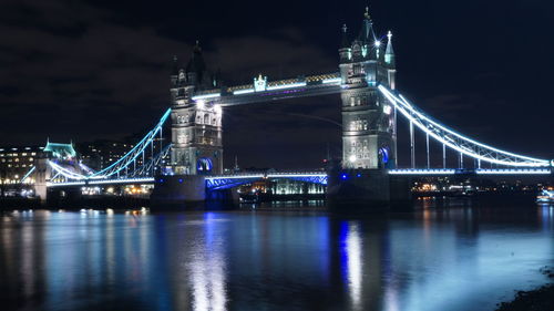 Illuminated suspension bridge at night