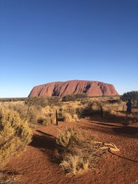 Scenic view of desert against clear blue sky