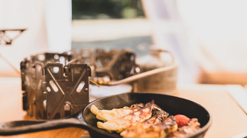 Close-up of bread in plate on table