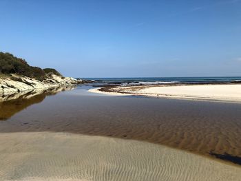 Scenic view of beach against clear blue sky