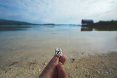 Human hand holding sand on beach