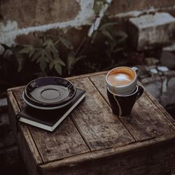 High angle view of coffee cup on table