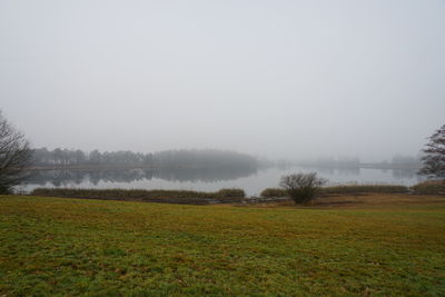 Scenic view of grassy field and river in foggy weather