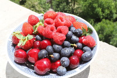 High angle view of strawberries in bowl on table