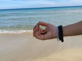 Close-up of woman with seashell at beach