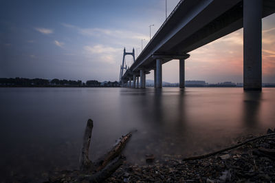 Bridge over river against sky during sunset