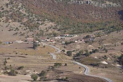 High angle view of road amidst field