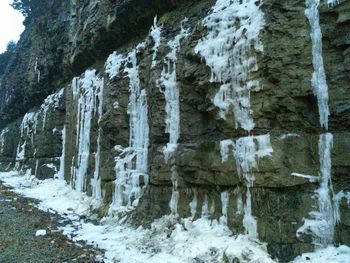 Snow covered rocks against sky