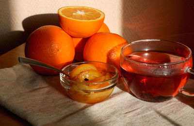 High angle view of orange juice on table