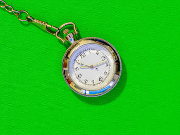 High angle view of clock on green leaf
