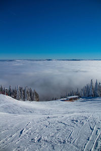 Snow covered landscape against blue sky