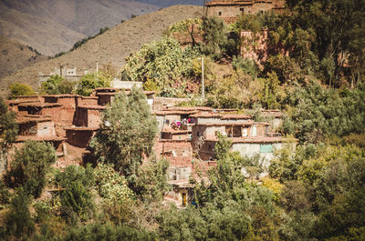 High angle view of houses and trees in village