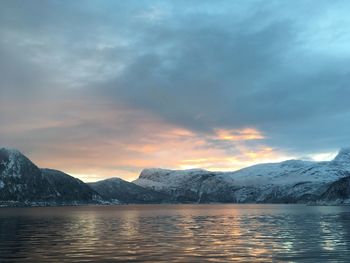 Scenic view of mountains against sky during sunset