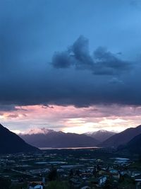 Scenic view of mountains against sky during sunset