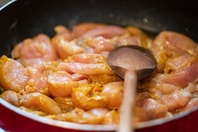 Close-up of meal served in pan