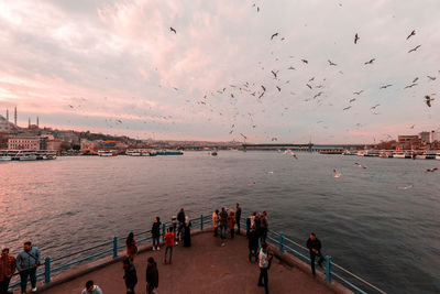 Birds flying over sea against cloudy sky