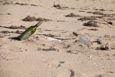 Close-up of bottle on sand