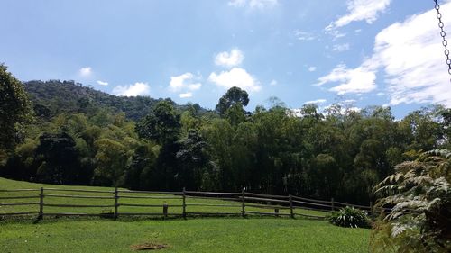 Scenic view of soccer field against sky