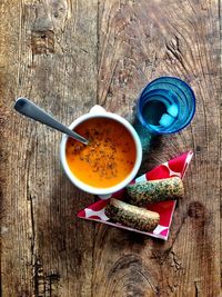 High angle view of breakfast on table