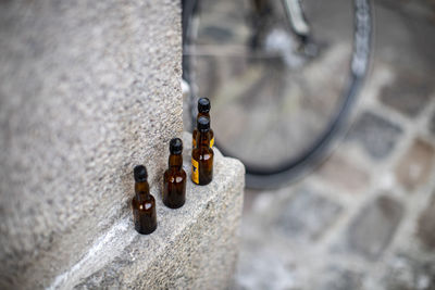 High angle view of bicycle parked on wall