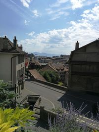 High angle view of old buildings in town