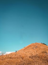 Low angle view of landscape against clear blue sky