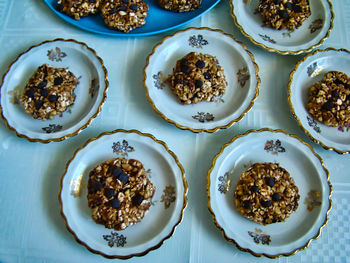 High angle view of breakfast on table