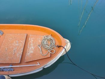 High angle view of boat moored in lake