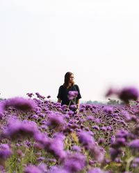 Woman standing on field by purple flowers against sky