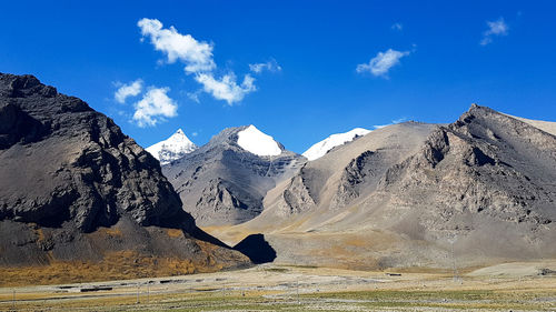 Panoramic view of snowcapped mountains against blue sky