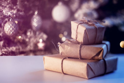 Close-up of christmas decorations on table