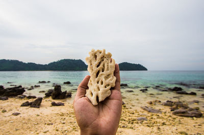 Human hand holding rock in sea against sky