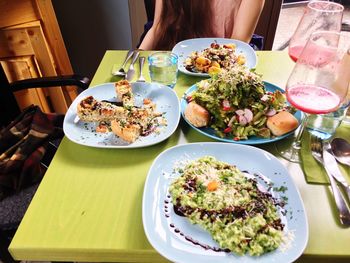 High angle view of meal served on table